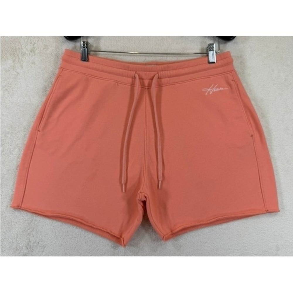 Hollister Mens Coral Pink Fleece Sweat Shorts Logo Drawstring Raw Hem Size L